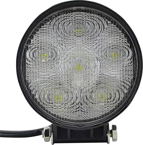 Projecteur de travail LED circulaire avec six diodes LED visibles et verre structuré, monté sur un support stable.