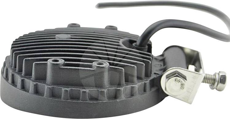 Projecteur LED rond noir avec ailettes de refroidissement et câble, support latéral en métal et vis. Adapté pour la fixation.