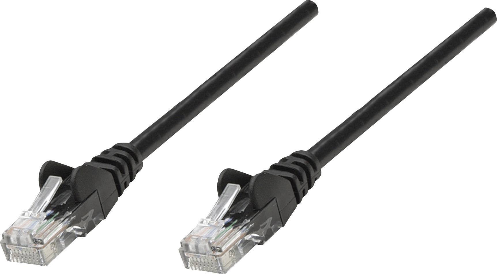 Deux câbles Ethernet noirs avec des connecteurs transparents sur un fond blanc.