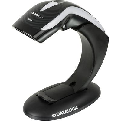 Un scanner de code-barres noir et blanc de Datalogic, de forme incurvée, posé sur une base ronde. Idéal pour une utilisation mains libres.
