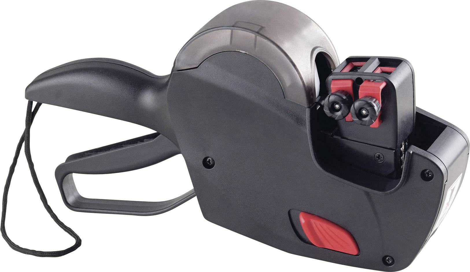 Un appareil d'étiquetage noir avec une poignée ergonomique et un détail rouge. Utilisé pour étiqueter des produits.