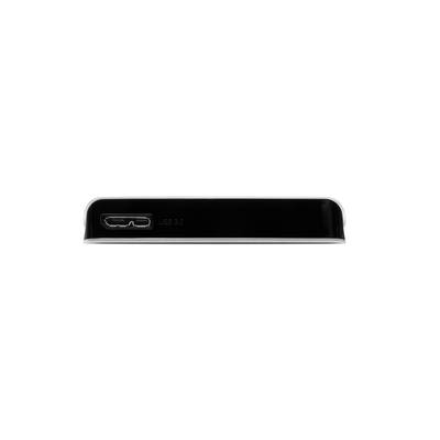 Disque dur externe, vue latérale avec port USB 3.0 visible. Design de boîtier noir et blanc.