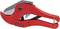 Pince coupe-tubes rouge avec lame de coupe en métal et poignée noire. Élément d'outil en position de travail, prêt à couper.