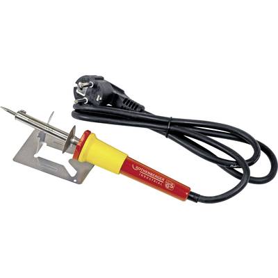 Un fer à souder avec une poignée jaune et une extrémité rouge, relié à un câble électrique noir à trois broches.