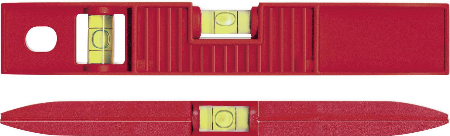 Deux niveaux à bulle rouges avec des bulles jaunes, l'un rectangulaire avec un trou et l'autre se rétrécissant en pointe.