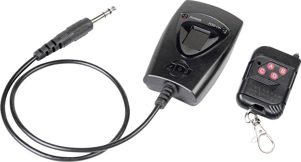 Télécommande avec câble adaptateur connecté. L'adaptateur est équipé d'une prise jack de 6,35 mm et de voyants LED pour l'alimentation et le signal.