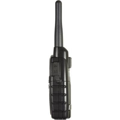 Talkie-walkie noir avec antenne longue, touches de volume sur le côté et poignée texturée pour une meilleure prise en main.