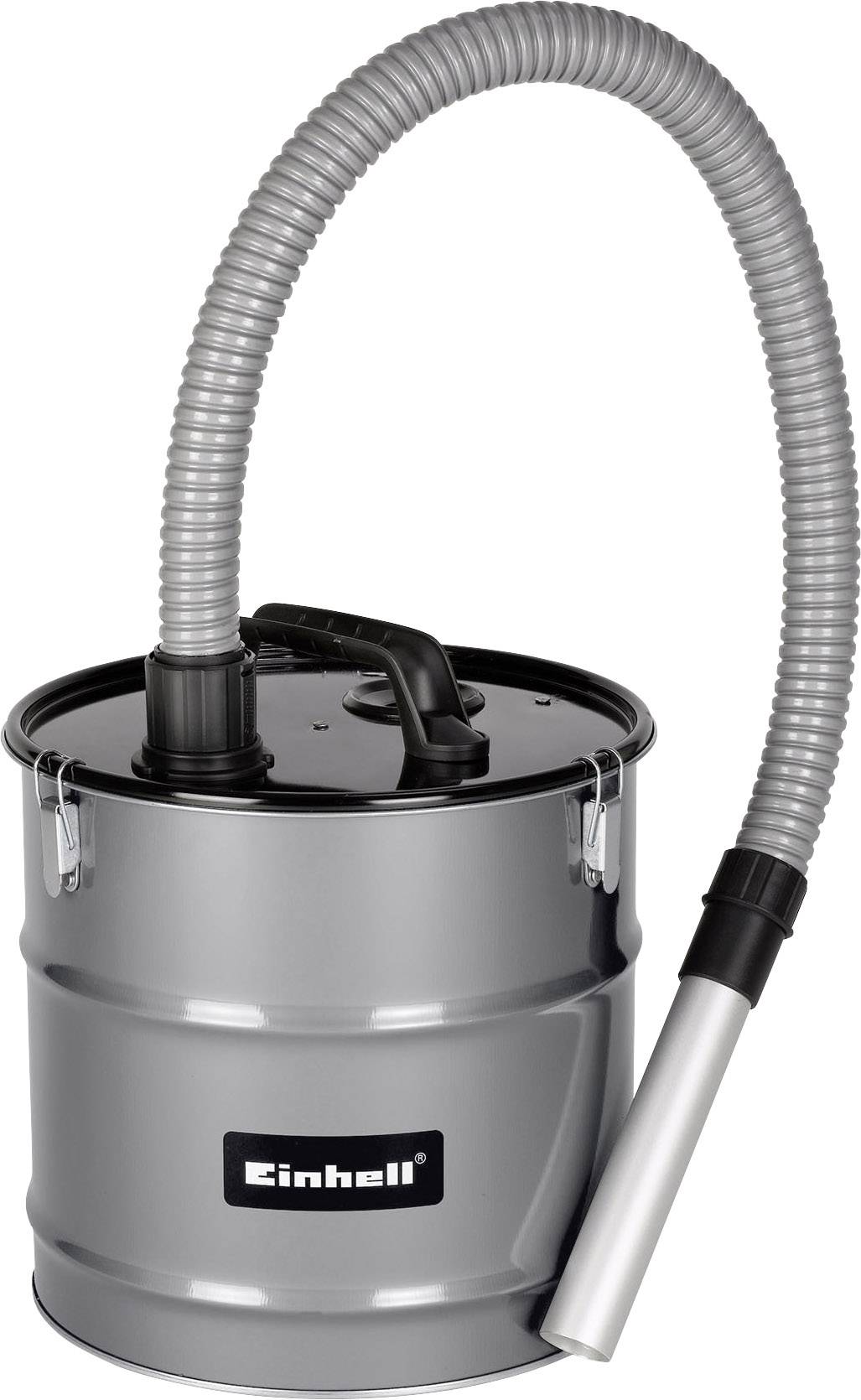 Un aspirateur à cendres argenté avec un tuyau flexible et une poignée. Adapté pour aspirer les résidus de cendres provenant des cheminées et des appareils de barbecue.