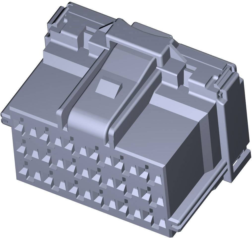 Un rendu technique 3D d'un connecteur rectangulaire avec plusieurs barrettes de broches, couramment utilisé dans l'électronique.