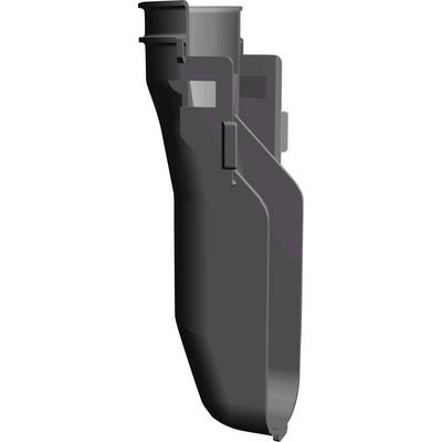 Une composante en plastique grise avec une partie supérieure cylindrique et une partie inférieure plus large de forme rectangulaire, probablement un élément d'un composant mécanique.