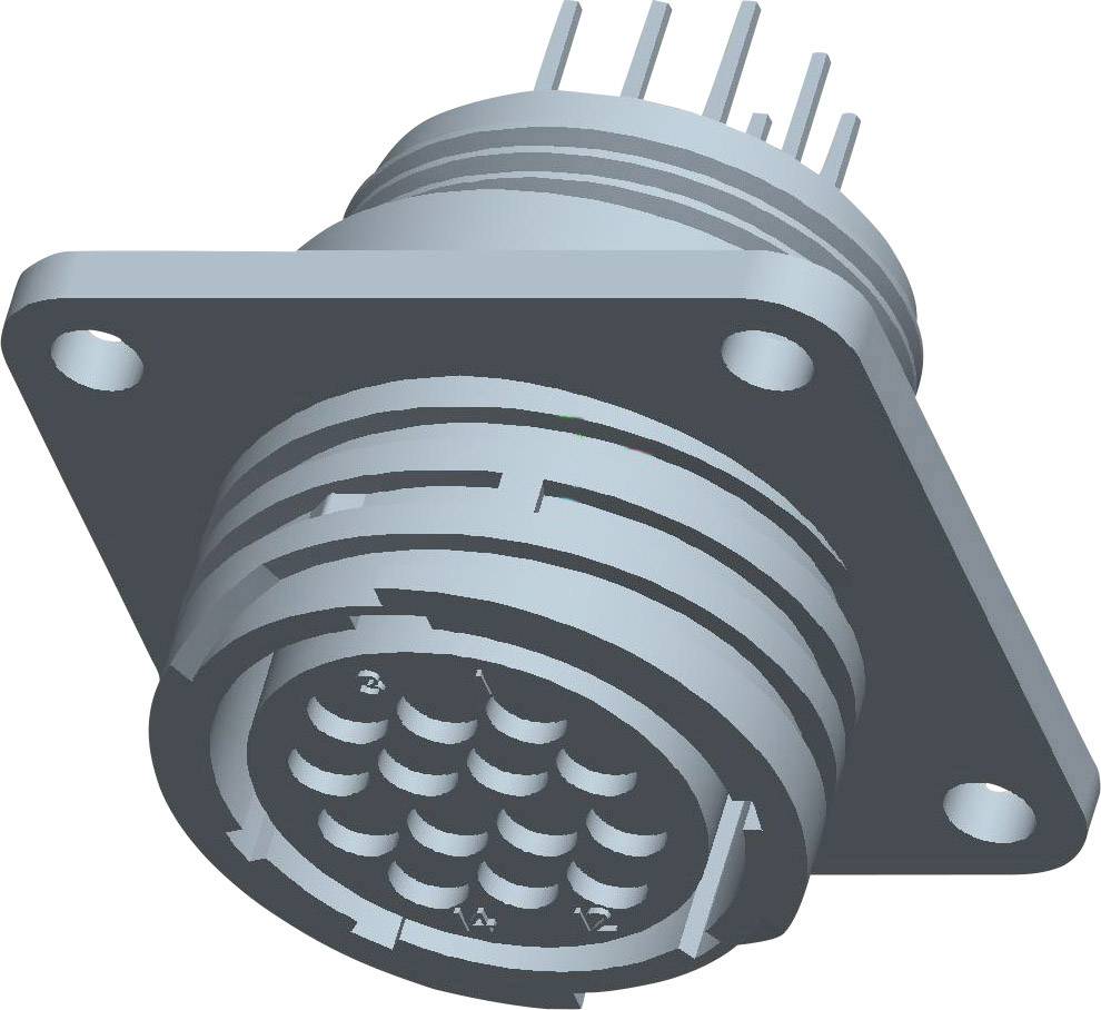 'Connecteur électrique à bride, multipolaire, montrant des contacts à broches et un filetage de montage.'