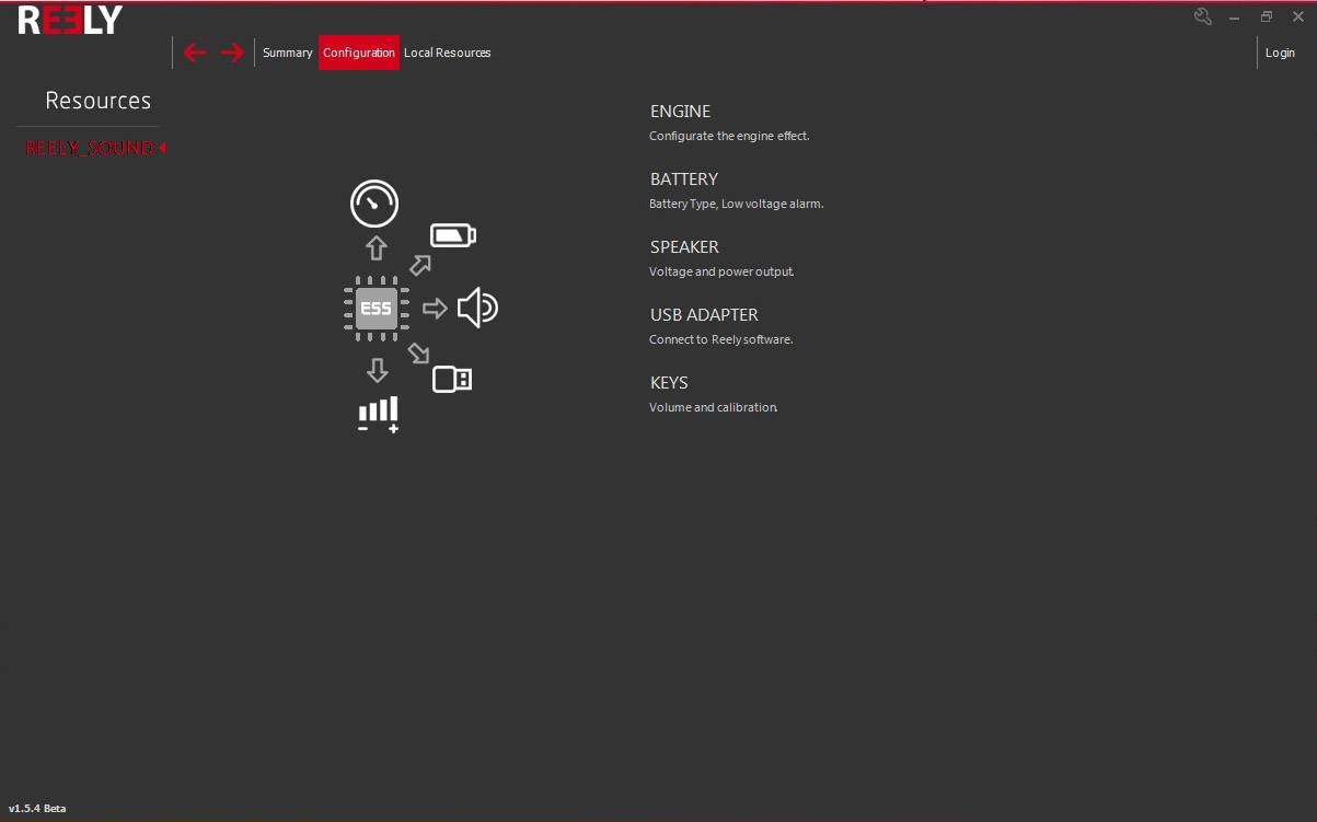 Écran "Ressources" affichant les options : Moteur, Batterie, Haut-parleur, Adaptateur USB, Clé avec leurs symboles correspondants. Option de configuration et de gestion.