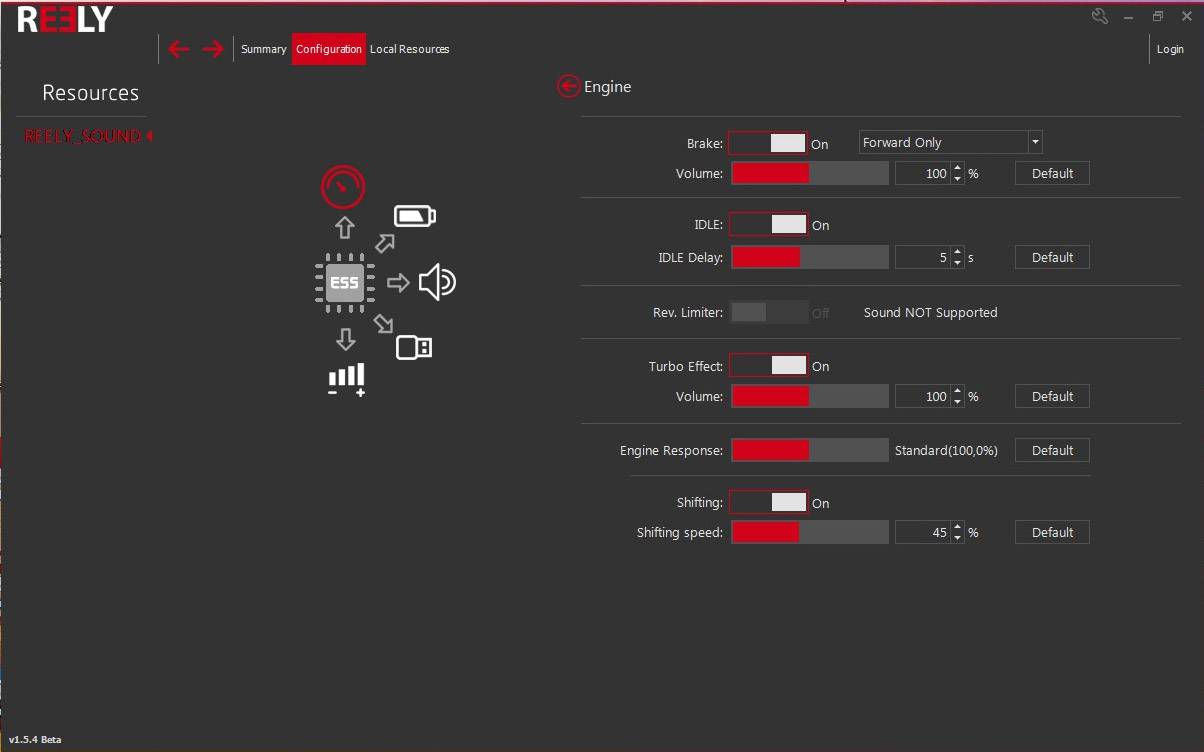 Interface utilisateur d'un logiciel de configuration de son de moteur avec des interrupteurs et des curseurs pour le volume, l'idole, l'effet turbo et la vitesse de changement de vitesse.