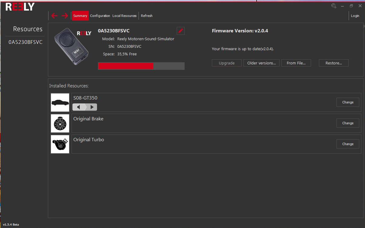 L'image montre une interface utilisateur du logiciel 'Rely'. En haut, les détails de ressources de l'OAS-Z130FEVSC sont visibles, et en bas, les pièces connectées sont listées : '50B-GT350', 'Frein d'origine', 'Turbo d'origine'.