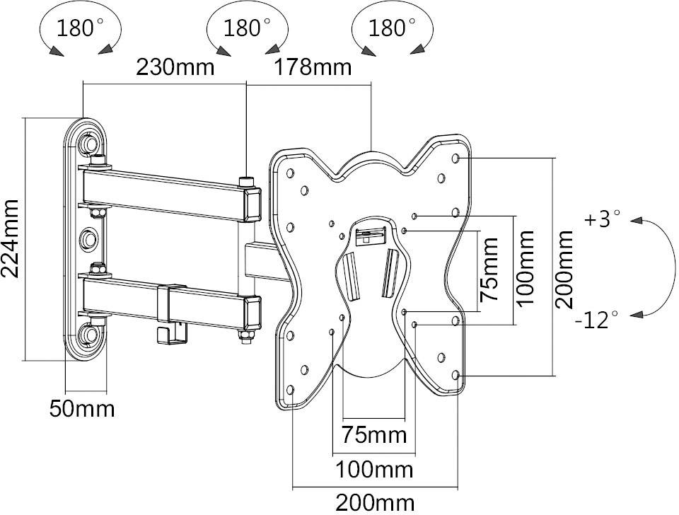 Schéma d'un support de téléviseur : dimensions et angles de rotation indiqués, par exemple 230 mm de largeur, rotation de 180°, hauteur de la platine murale de 224 mm.