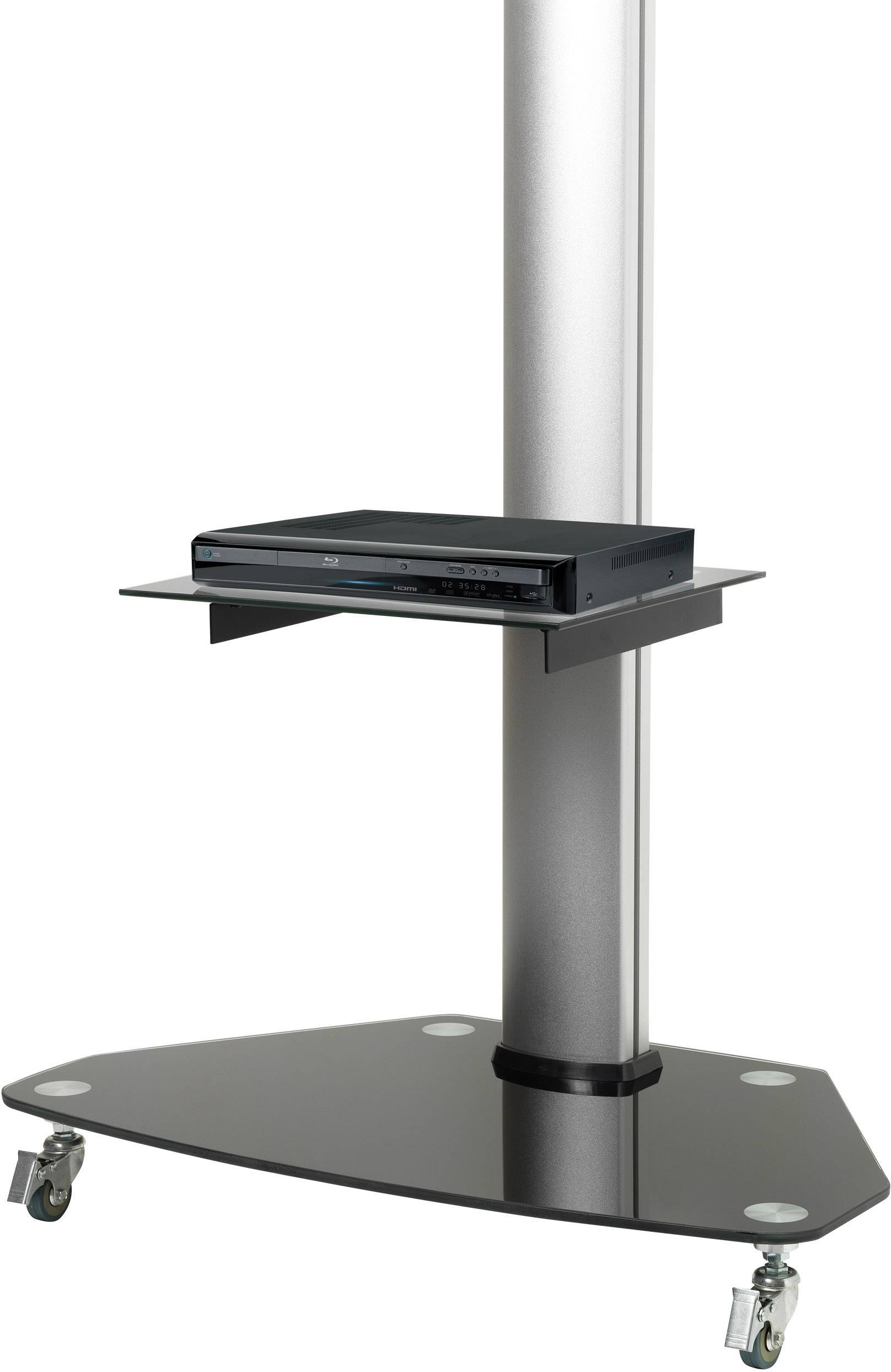 Support mobile avec étagère en verre pour appareils électroniques, comprenant un lecteur DVD, installé sur un support métallique.