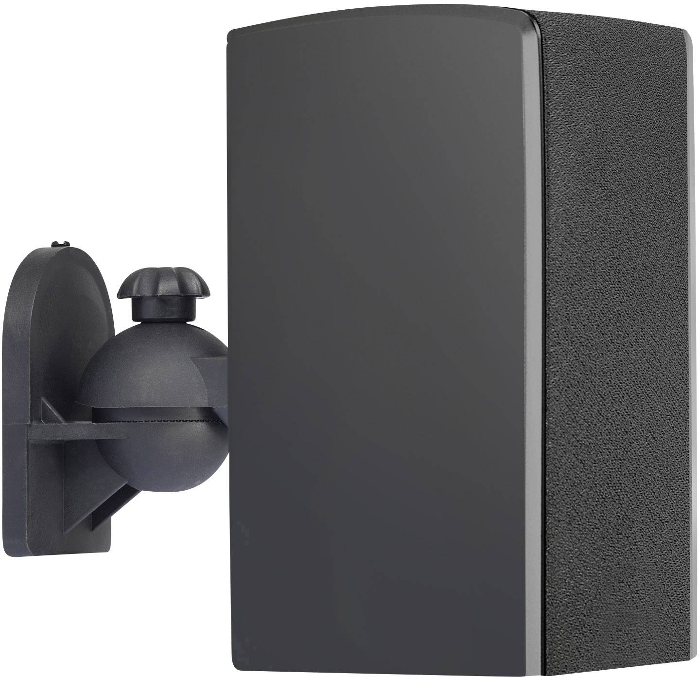 Un haut-parleur noir fixé à un support mural, vue de face.