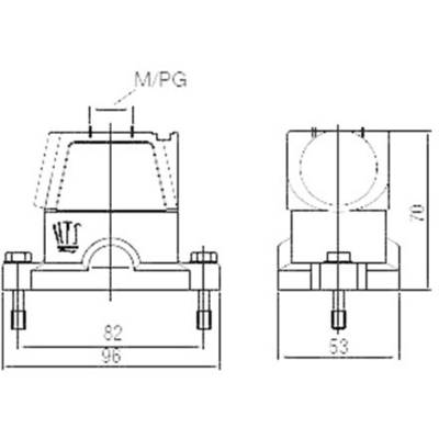 Dessin technique de composants avec dimensions : Largeur 96 mm, Hauteur 70 mm, Profondeur 82 mm. Les vis sont positionnées en bas.