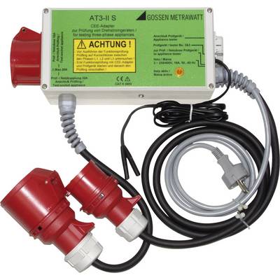 Adaptateur E-Adapter AT3-II S de Gossen Metrawatt pour le test d'appareils triphasés. Contient des avertissements de sécurité et deux bornes rouges.