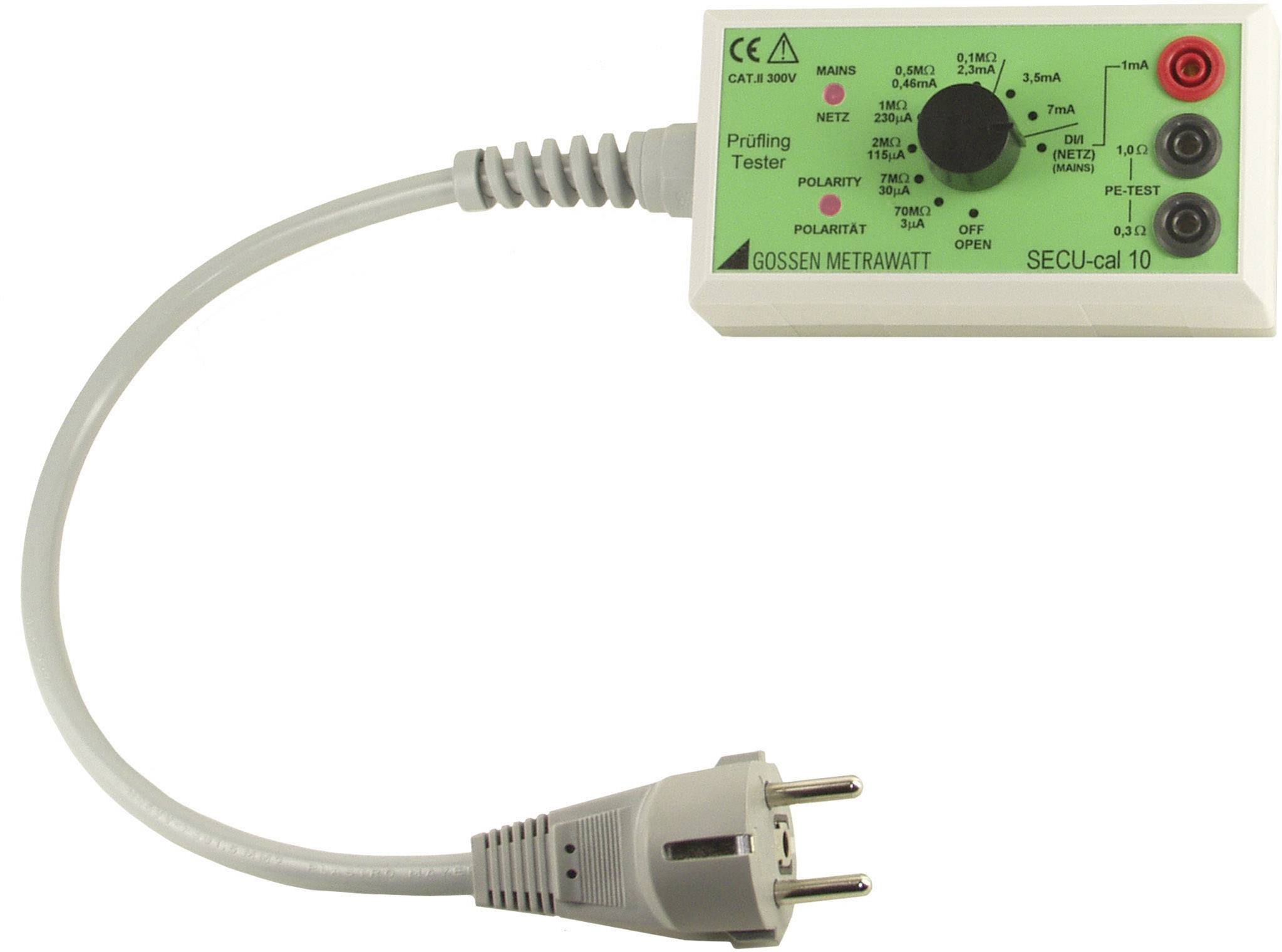 Un dispositif de test nommé 'SECU-cal 10' avec des voyants lumineux et des touches pour vérifier les connexions électriques, relié à une fiche électrique.
