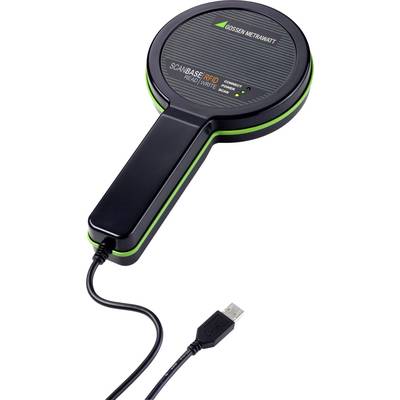 Un lecteur de tags RFID de Gossen Metrawatt avec câble de connexion USB, utilisé pour la lecture et l'écriture de données.