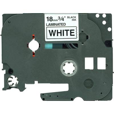 Cassette portant l'inscription « 18mm 3/4" BLACK INK LAMINATED WHITE », probablement destinée à un appareil d'étiquetage, montrant un rouleau de film.