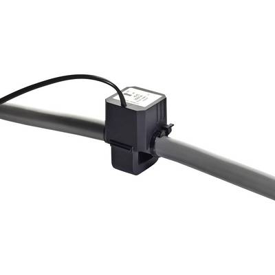 Un capteur noir à pince est fixé autour d'un tube gris. Un câble s'étend à partir du capteur, probablement pour la transmission de données.