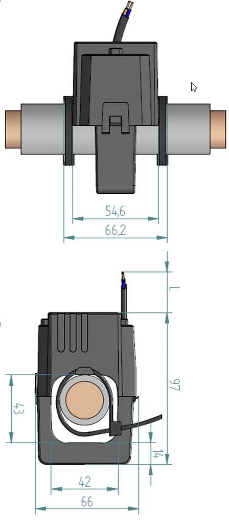 Dessin technique d'une pompe avec dimensions : Largeur 66,2 mm, Hauteur 97 mm. Présente une vue de face et une vue latérale avec des tuyaux de raccordement.