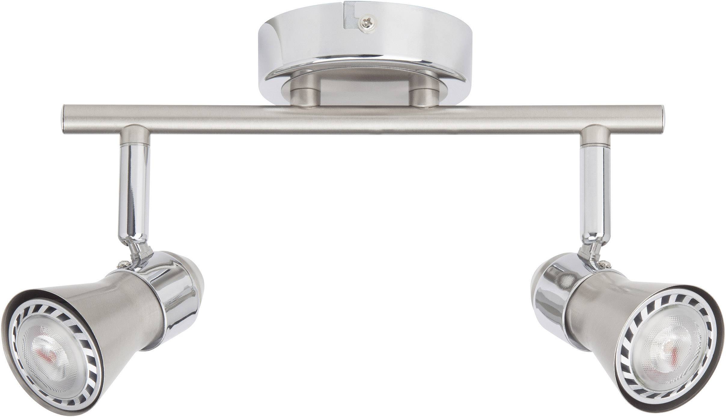 Plafonnier à deux lampes en finition métallique avec spots orientables pour un éclairage direct des espaces.