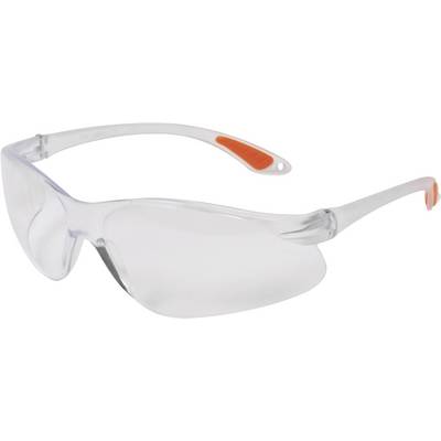 Lunettes de protection avec verres transparents et accents orange. Idéales pour la protection des yeux lors de travaux manuels.