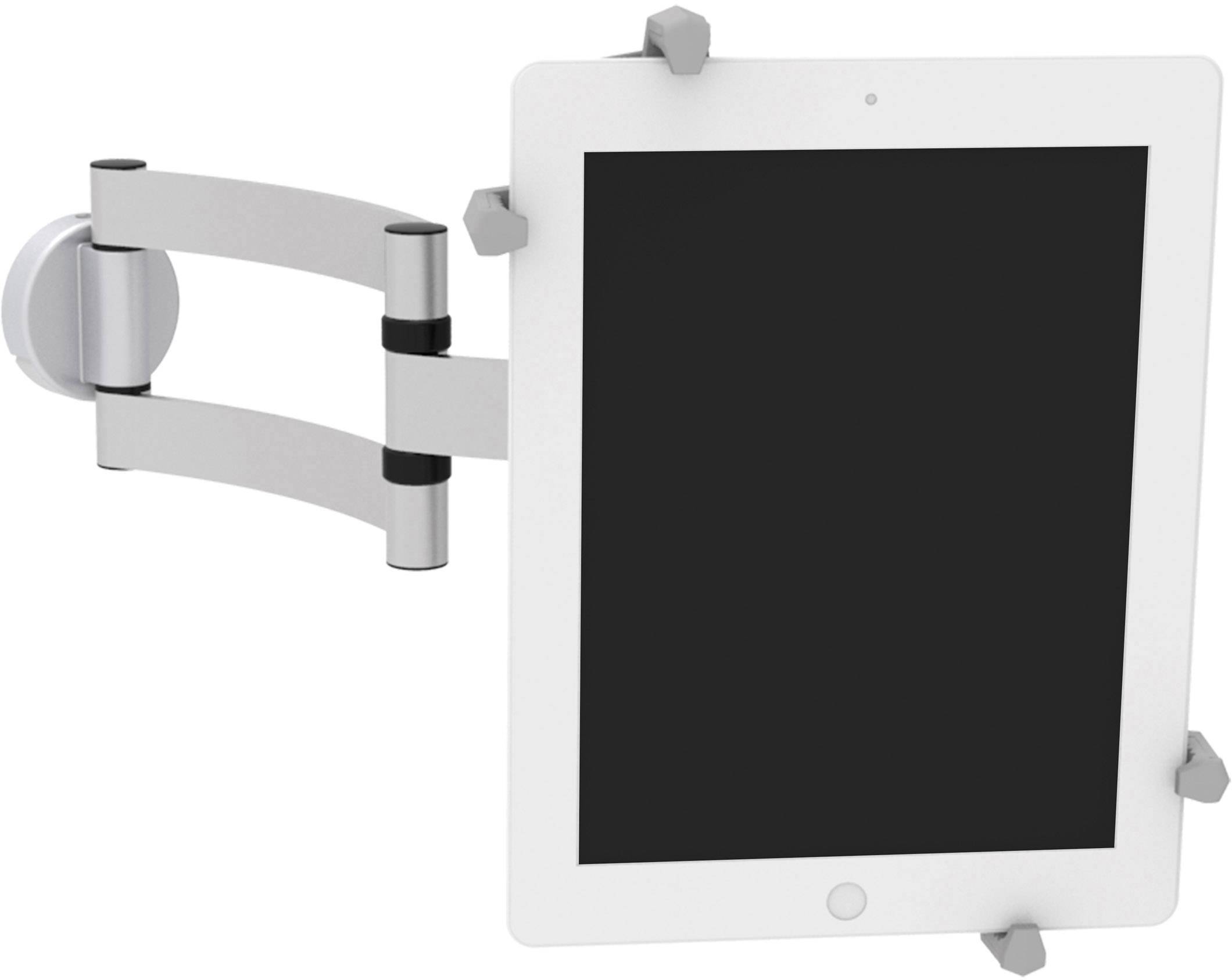 Une tablette est fixée dans un support mural réglable. Le support permet des ajustements d'angle de rotation et d'inclinaison de la tablette.