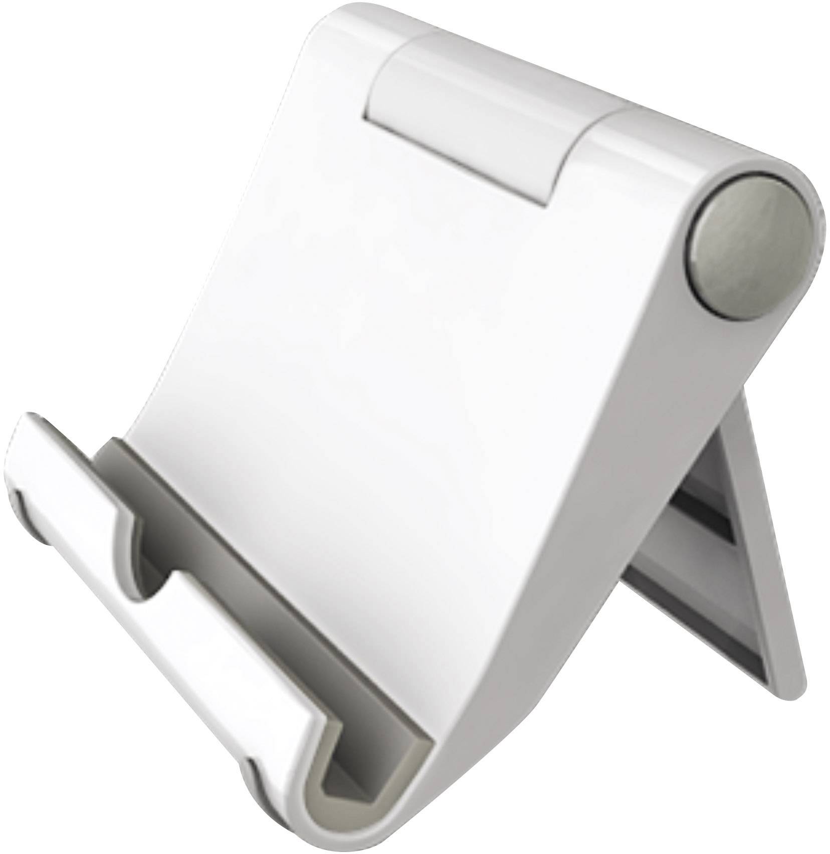 Un support pliable blanc pour tablettes ou smartphones, vu de profil, qui tient de manière stable sur une surface.