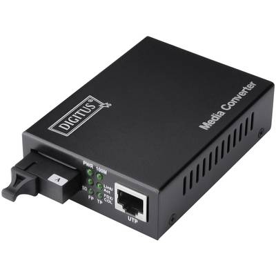 Un convertisseur multimédia noir de la marque 'Digitus' avec des connexions pour câbles à fibre optique et Ethernet. Des LED indiquent l'état de fonctionnement.