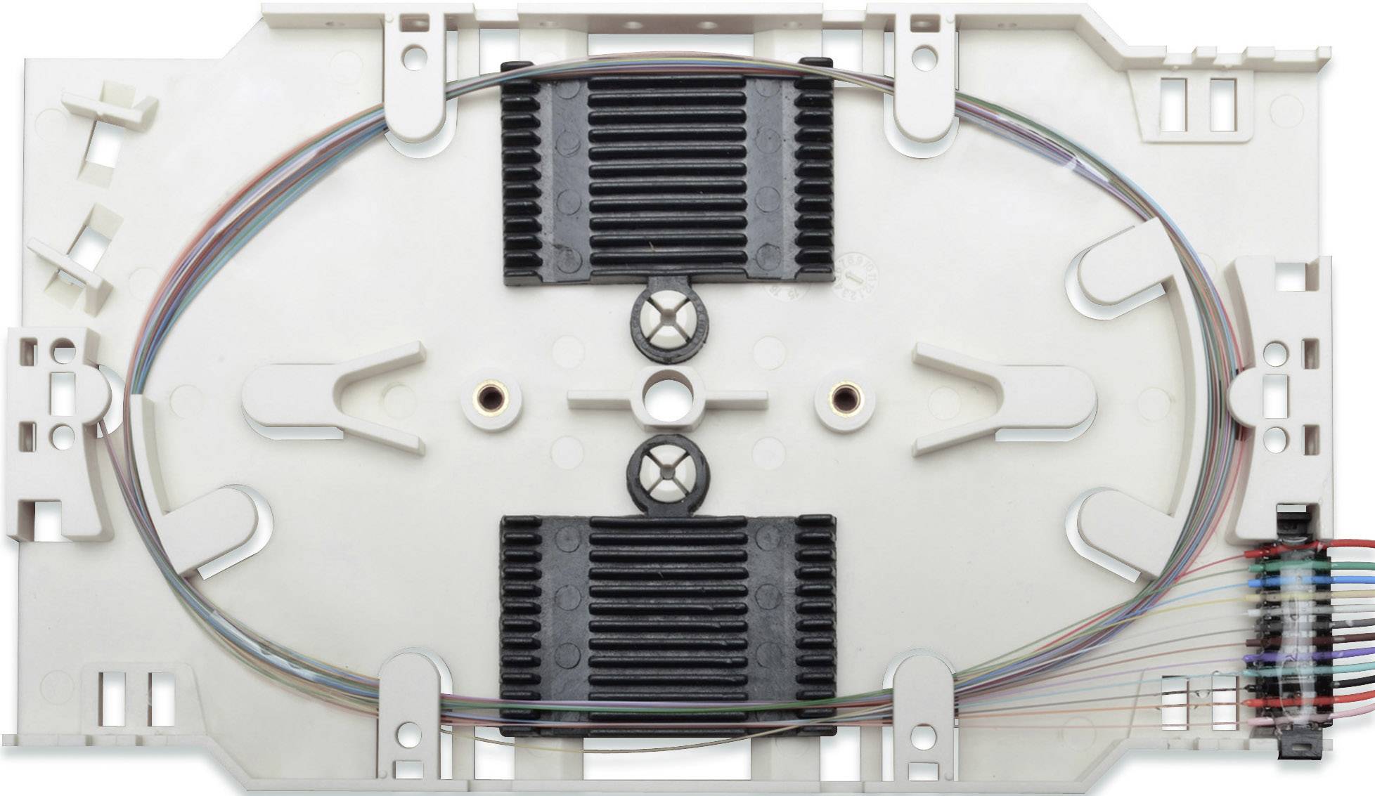 Un boîtier en plastique blanc contient des connexions en fibre de verre et est doté de deux dissipateurs thermiques noirs.