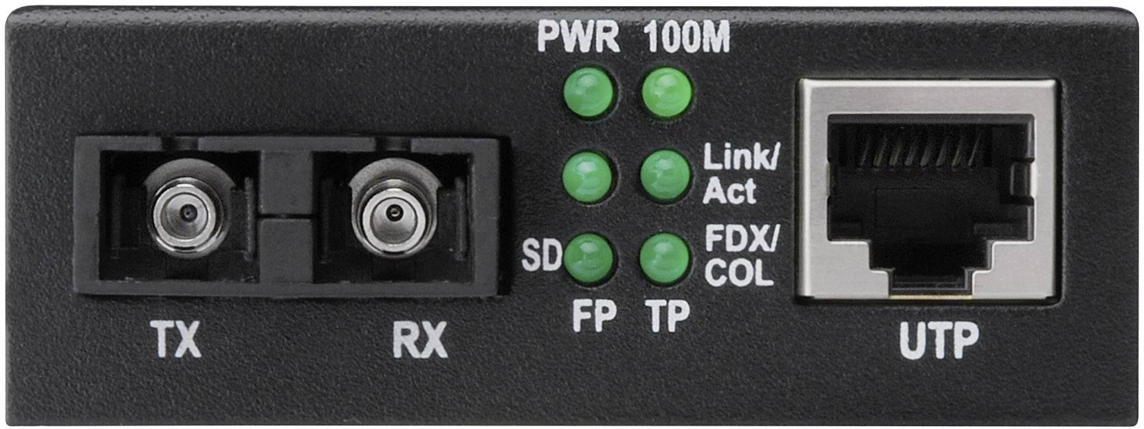 Un convertisseur média avec des ports : à gauche fibre optique (TX, RX), à droite RJ45 (UTP). Les LED indiquent l'état de fonctionnement et l'activité réseau.