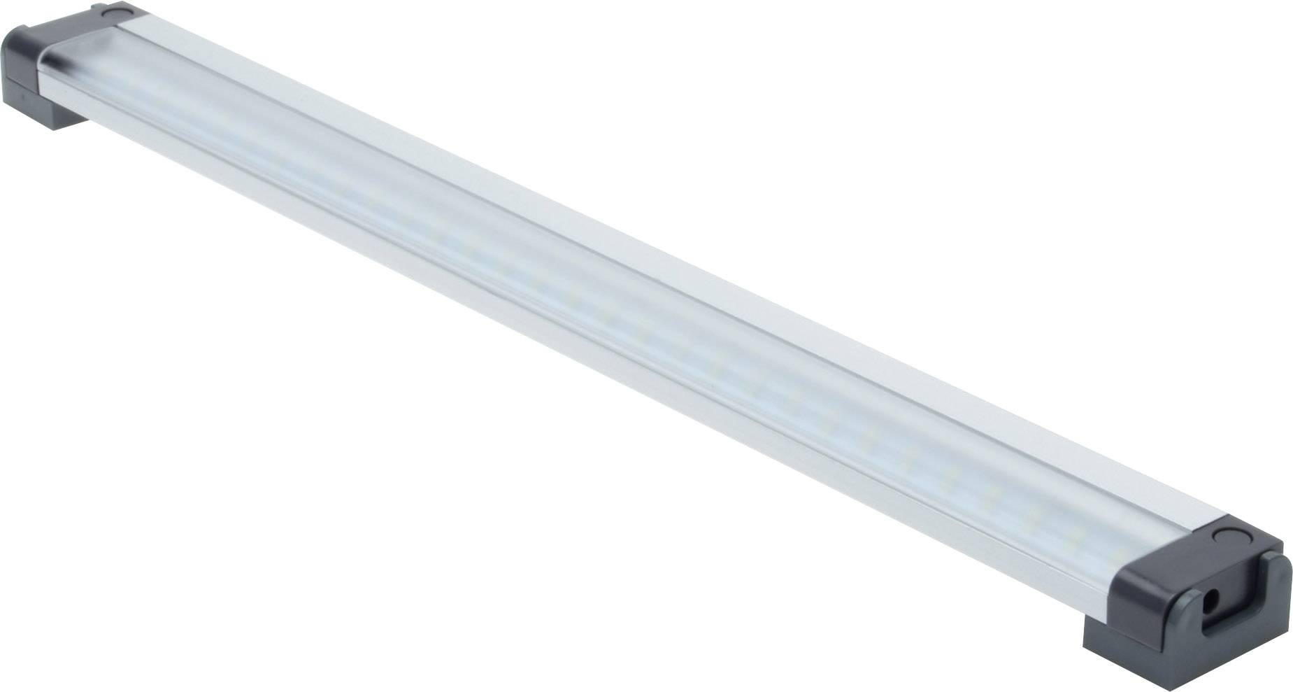 Un luminaire LED étroit et rectangulaire avec un boîtier argenté et des embouts sombres. Adapté pour l'éclairage intérieur.