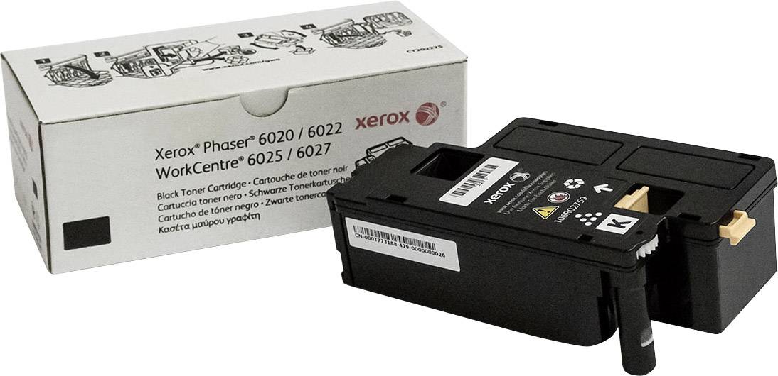 Cartouche de toner noir pour Xerox Phaser 6020/6022 et WorkCentre 6025/6027 devant un emballage blanc avec impression du produit.