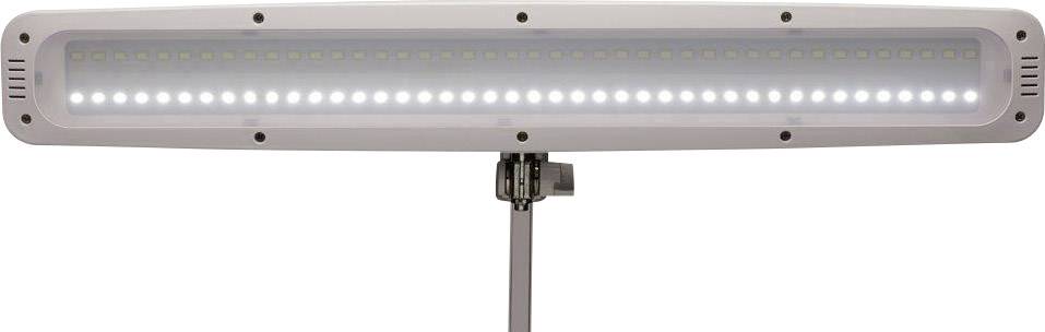Une lampe LED allongée sur un support réglable, adaptée pour éclairer de grandes zones, avec un motif lumineux uniforme.