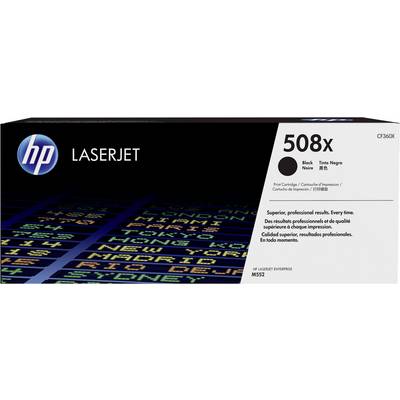 Cartouche de toner noir HP LaserJet 508X, présentée sur un fond noir, avec un texte multilingue sur des résultats d'impression de haute qualité.