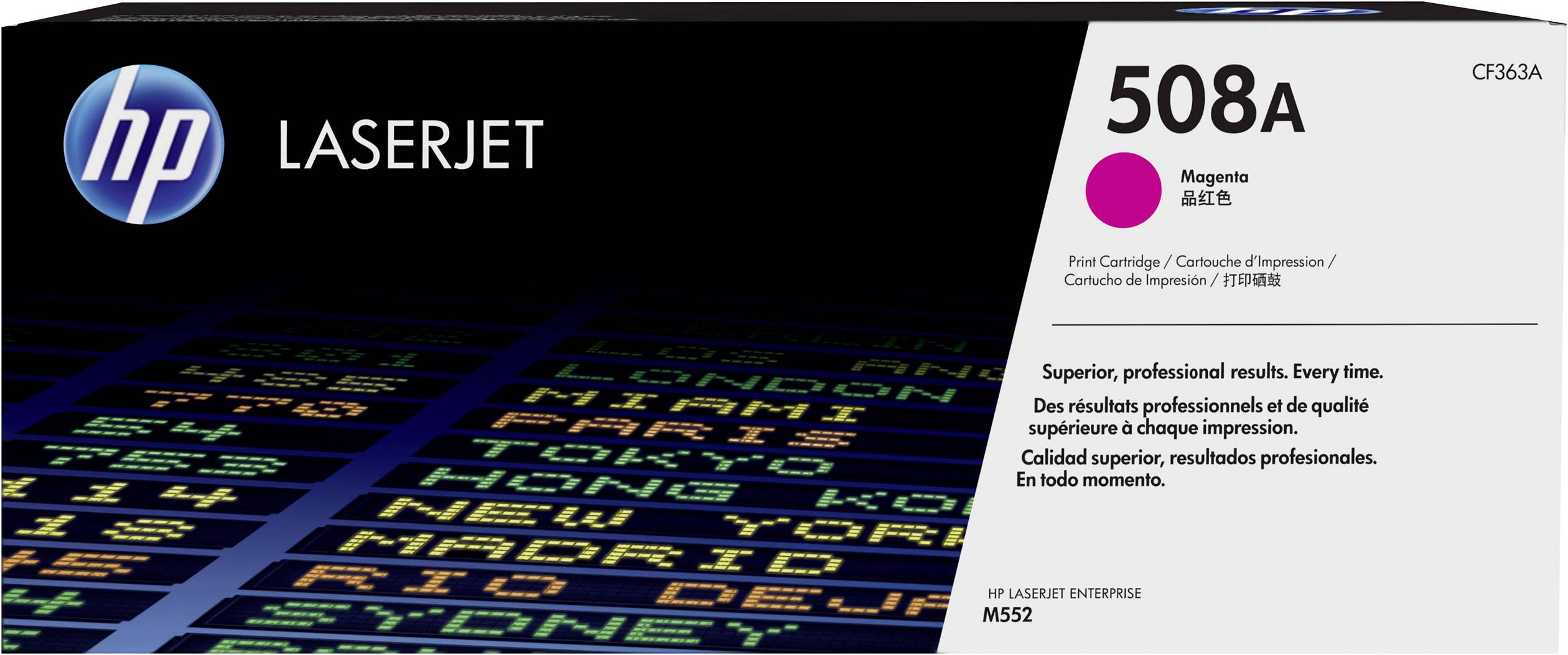 Cartouche de toner HP LaserJet 508A, Magenta, pour des résultats d'impression professionnels. Emballage avec nom du produit et descriptions en plusieurs langues.