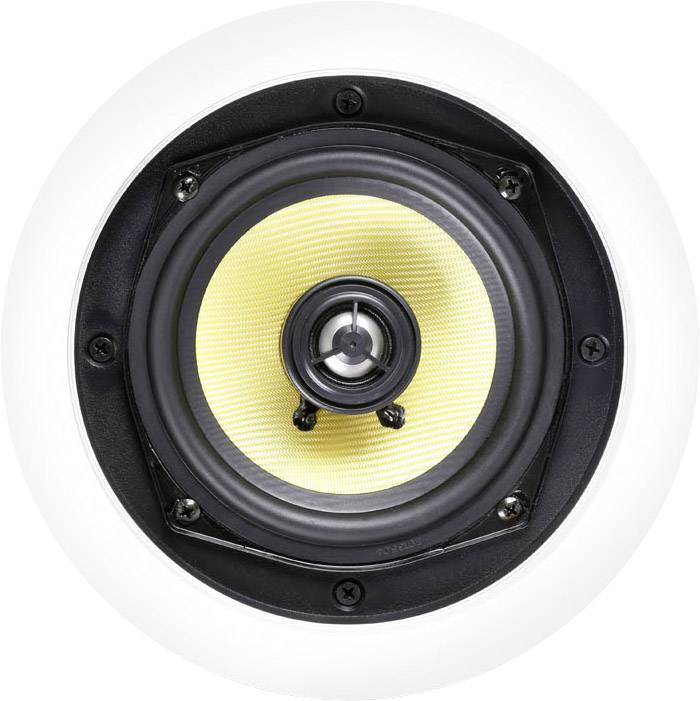 Haut-parleur en gros plan avec membrane jaune et bordure noire, centré sur un fond blanc.