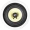Haut-parleur en gros plan, circulaire, avec un bord noir et une membrane jaune.