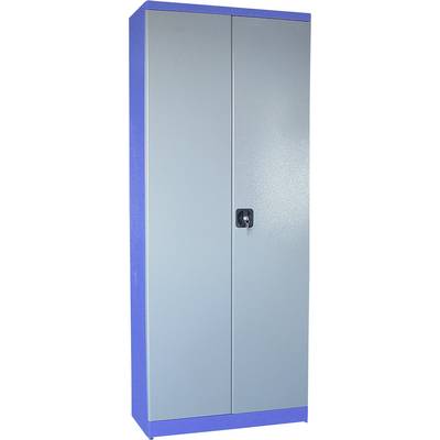 Armoire métallique à deux portes avec une serrure centrale, aux couleurs gris et bleu. Adaptée pour le rangement des outils ou des dossiers.