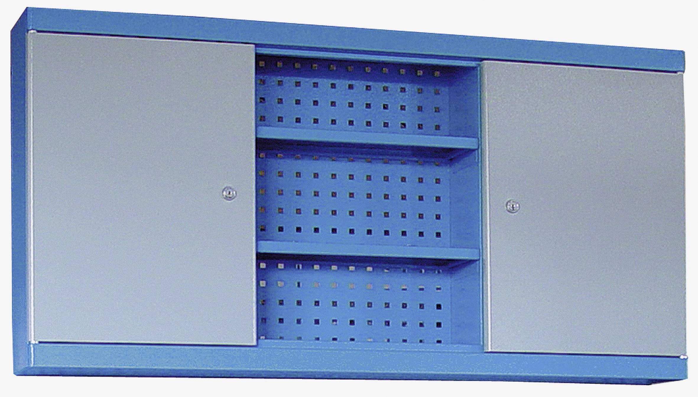 Un armoire à outils bleue avec deux portes coulissantes et des étagères ouvertes au centre.