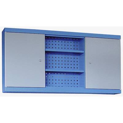 Un armoire à outils bleue avec deux portes coulissantes et des étagères ouvertes au centre.