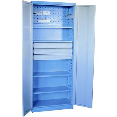 Un placard métallique bleu aux portes ouvertes présente plusieurs étagères et tiroirs. Au-dessus sont fixés des outils et des accessoires.