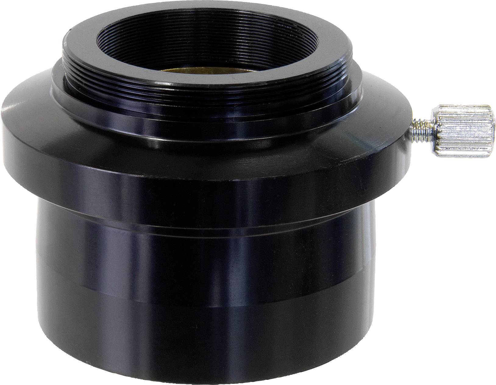 Adaptateur noir en métal pour télescopes, avec vis de fixation latérale.