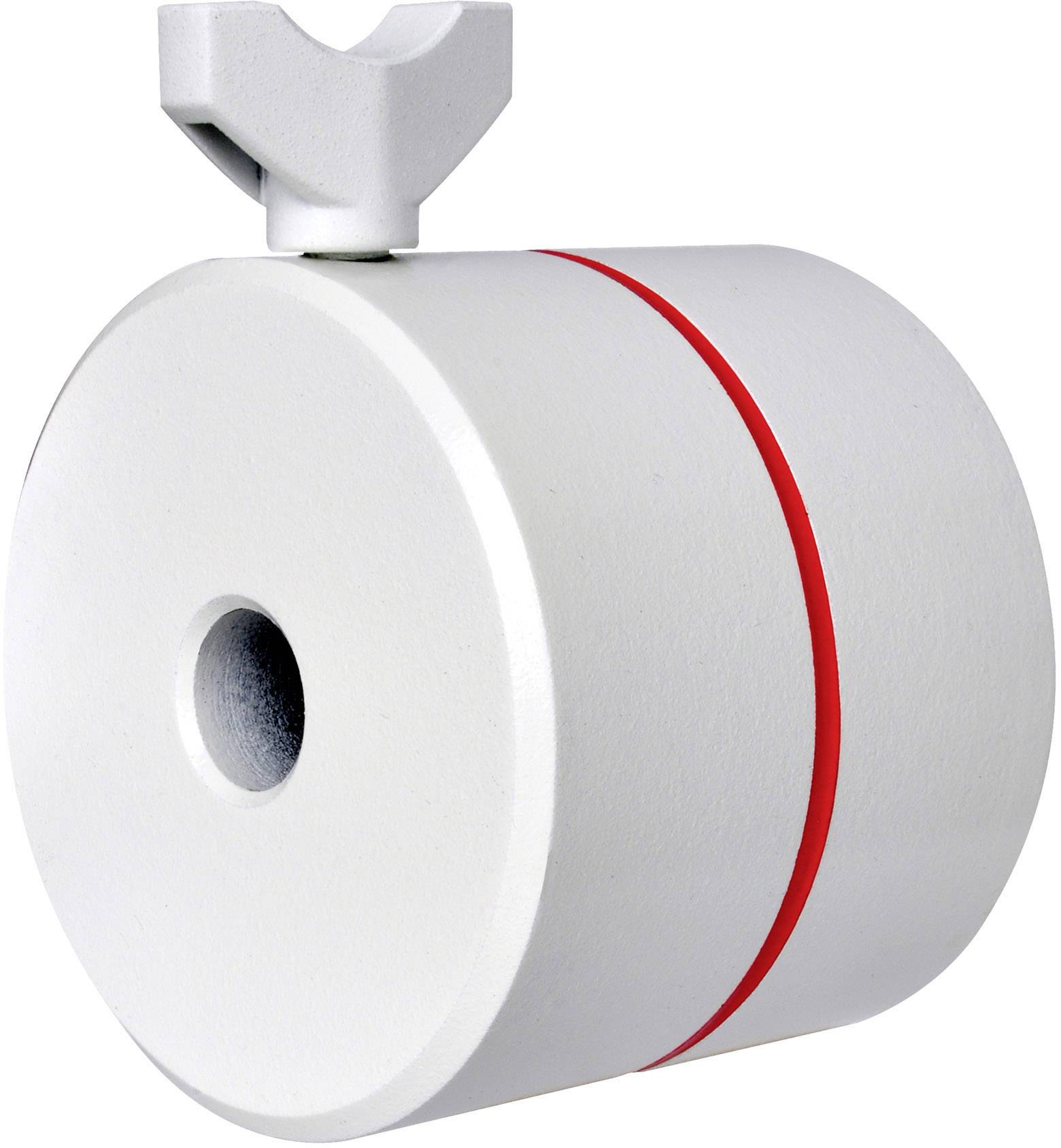 Un objet blanc et rond avec un anneau rouge au centre et une ouverture sur le côté. Un mécanisme de fixation est installé en haut.