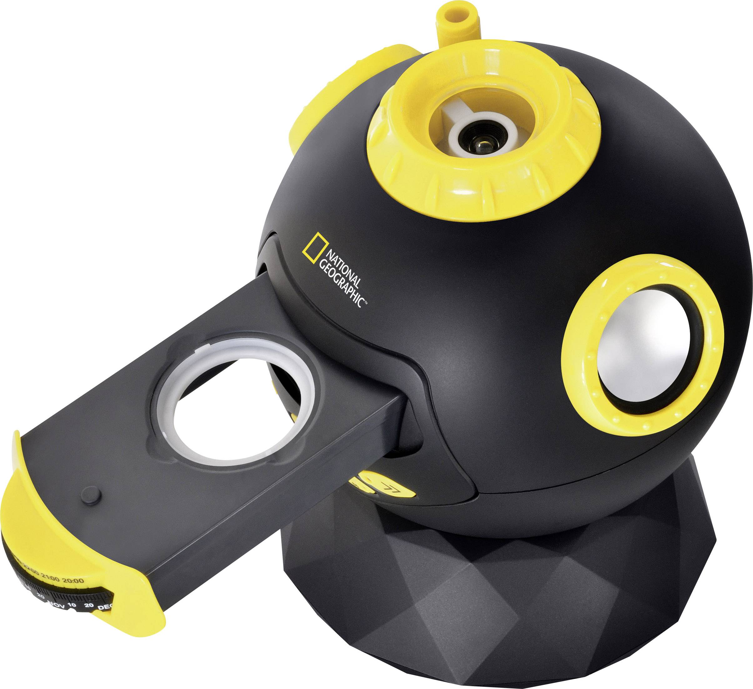 Une lampe projecteur National Geographic ronde, noir et jaune. Elle dispose d'un bras extensible et est montée sur un socle hexagonal.