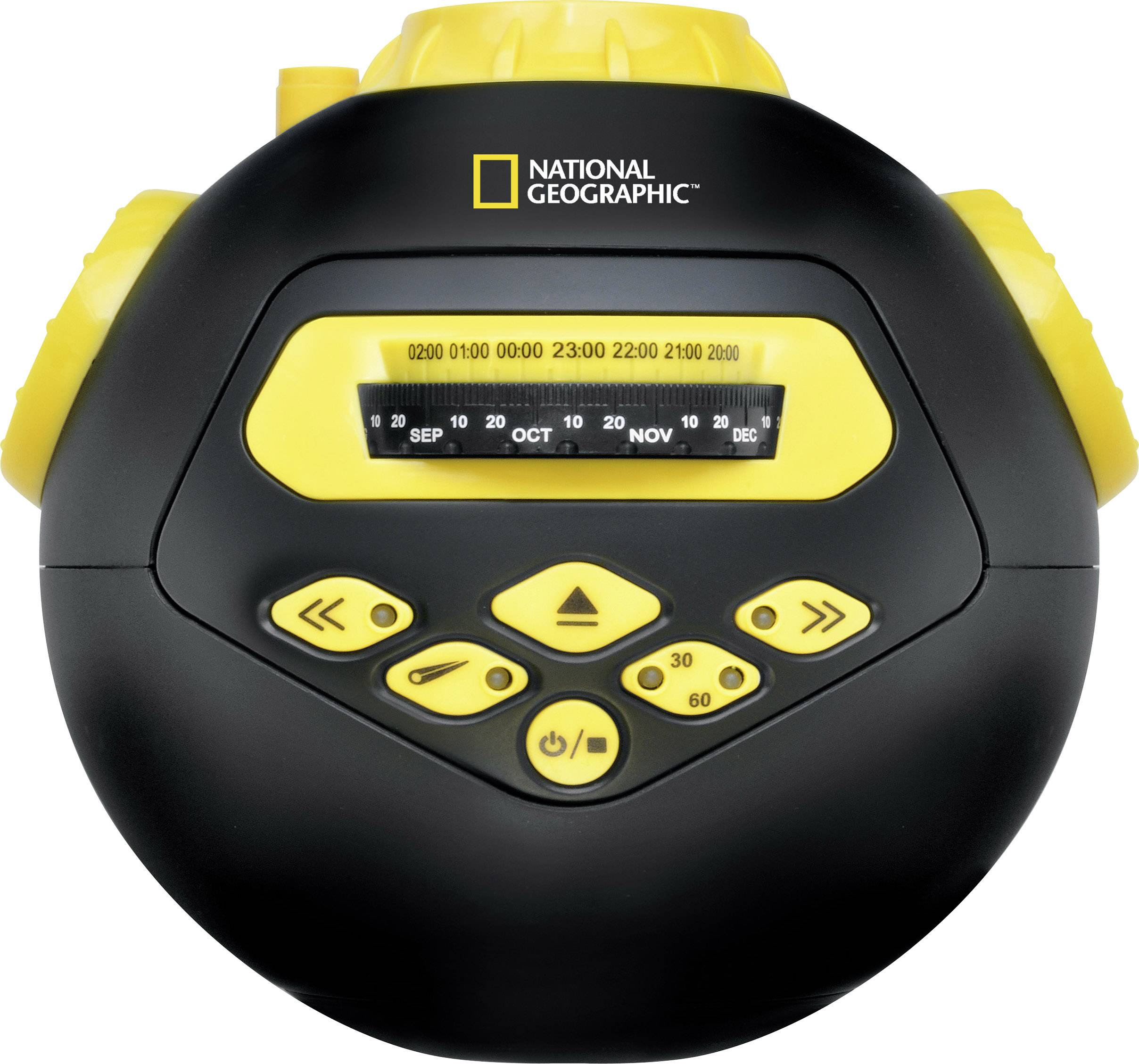 Appareil noir et jaune avec minuterie et réglage de la date, de 'National Geographic' pour les observations astronomiques.